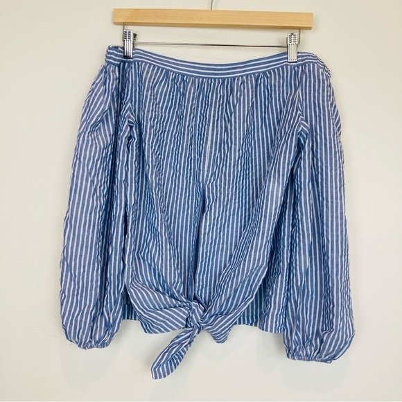 BCBG off the shoulder tie back long sleeve top in classic blue & white stripe. S - Picture 4 of 6